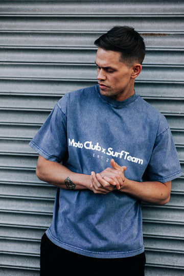 'Moto Club x Surf Team' Oversized Acid Washed T-Shirt / Dark Blue / 250 GSM