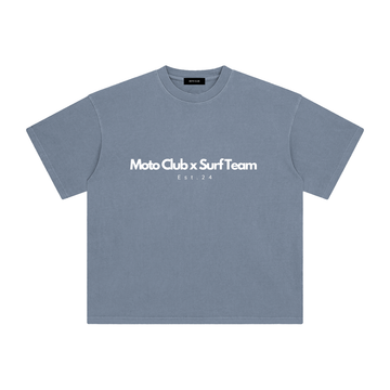'Moto Club x Surf Team' Enzyme Washed T-Shirt / Grey Blue / 250 GSM