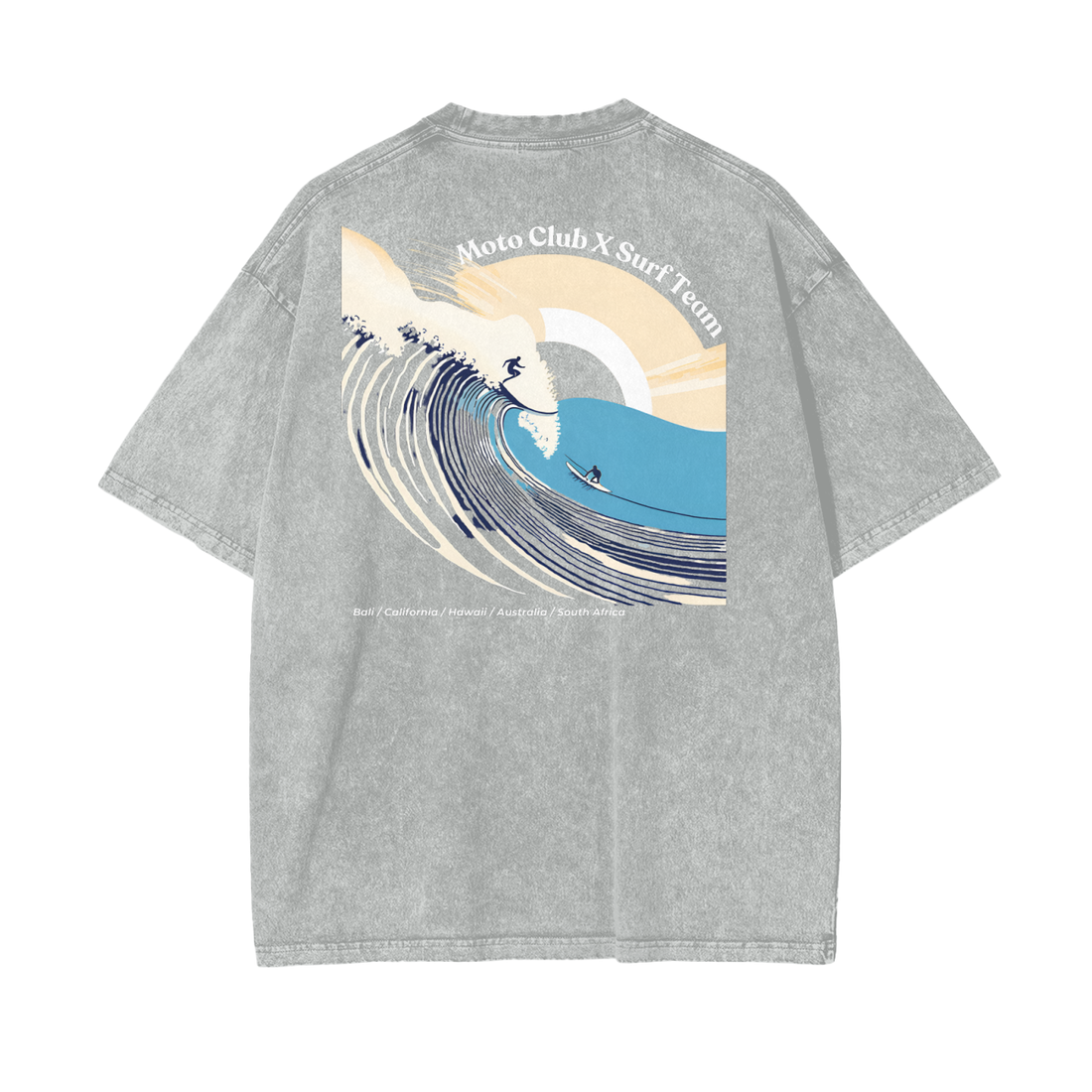 'Moto Club x Surf Team' Oversized Acid Washed T-Shirt / Grey / 250 GSM