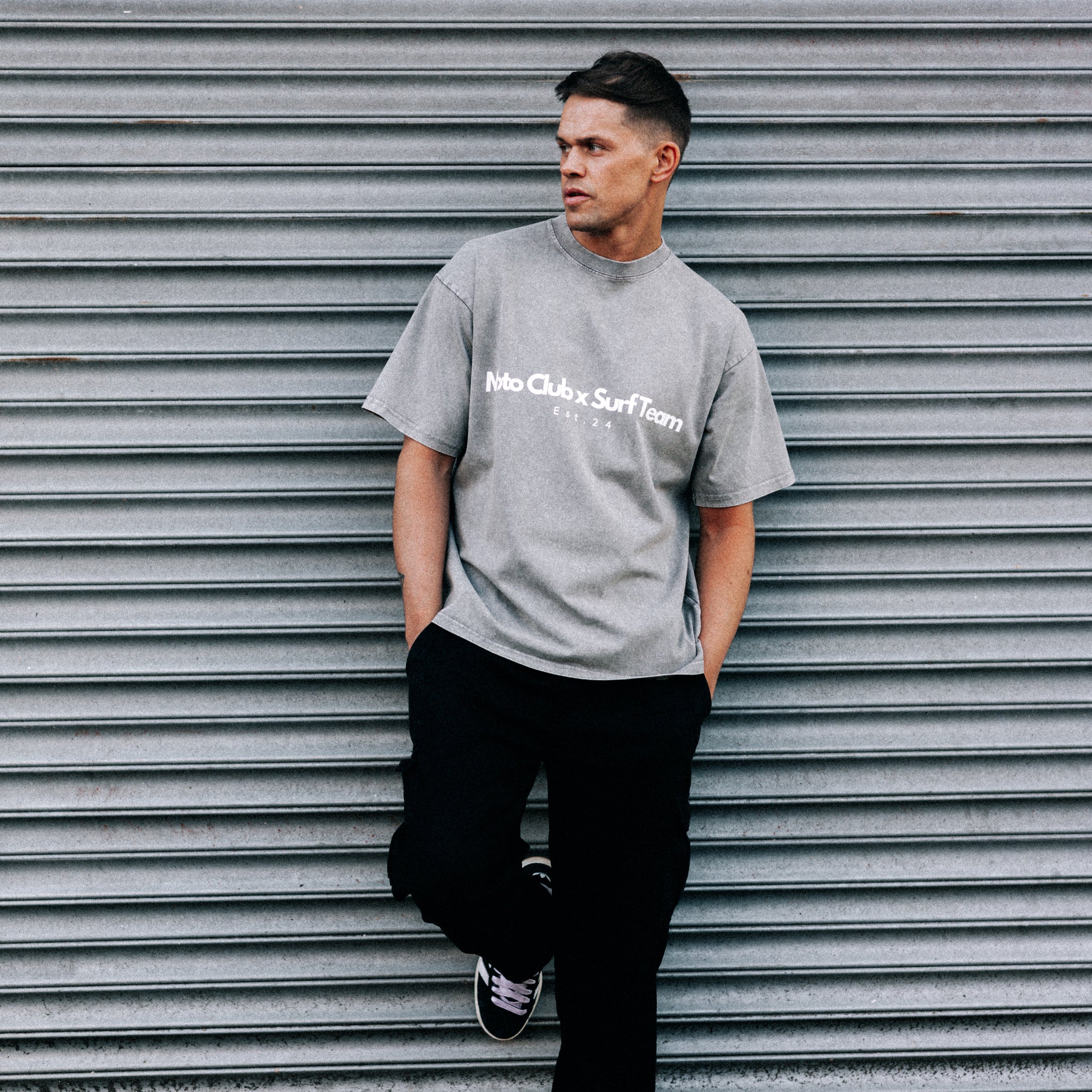 'Moto Club x Surf Team' Oversized Acid Washed T-Shirt / Grey / 250 GSM