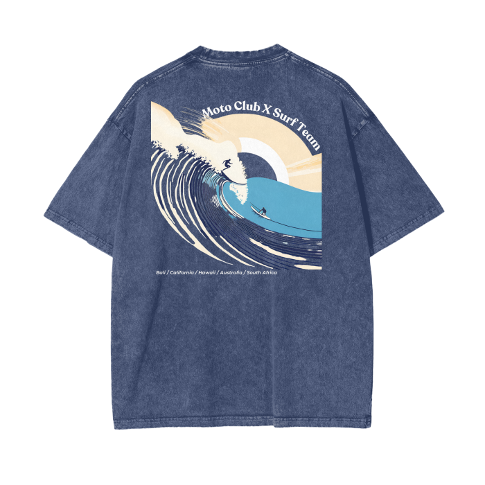 'Moto Club x Surf Team' Oversized Acid Washed T-Shirt / Dark Blue / 250 GSM