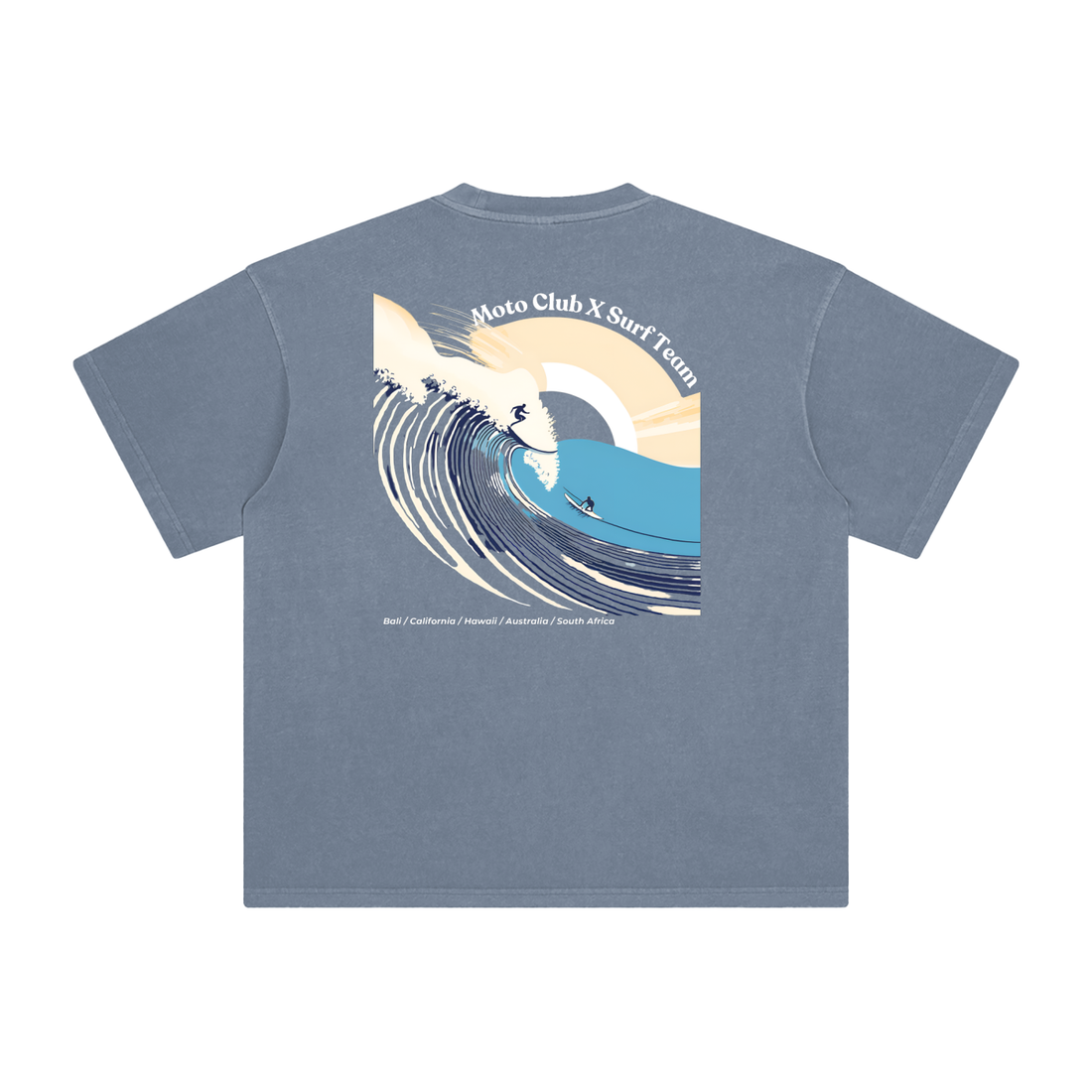 'Moto Club x Surf Team' Enzyme Washed T-Shirt / Grey Blue / 250 GSM